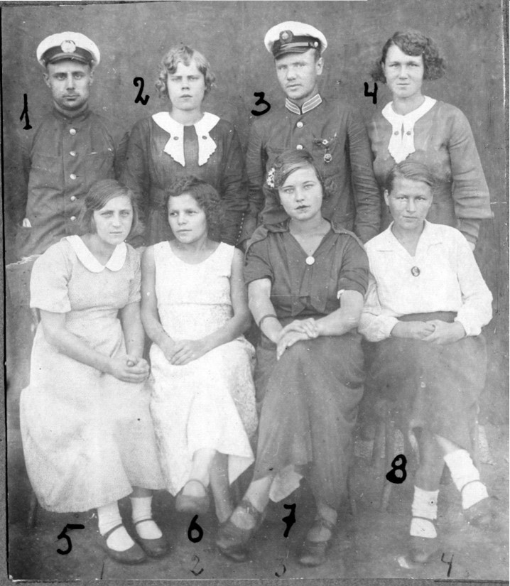 1938 год:Стоят: техник Сусляков, наблюдатель Малюкова, начальник Филипович, наблюдатель Романова Сидят: техники Карпенко, Крыжная, синоптик Лебедева, наблюдатель Суравова